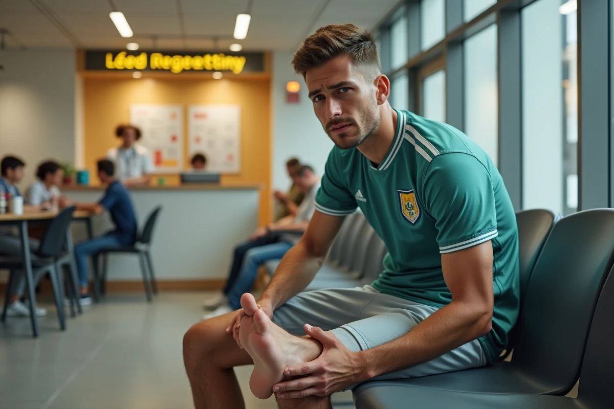 Joueur de football blessé à la cheville attendant une radiographie aux urgences après un accident de sport