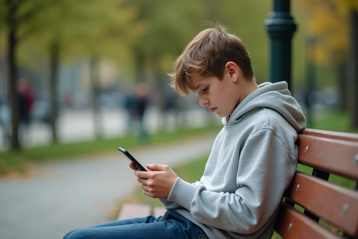 Adolescent avec hoodie utilisant son smartphone dans un parc