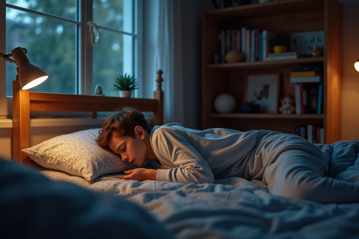 Adolescent en pyjama glissant son smartphone sous l