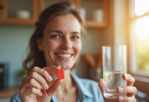 Adulte souriant tenant une vitamine B12 rouge dans une cuisine lumineuse