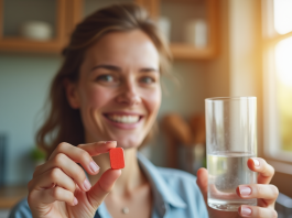 Comment la vitamine B12 peut booster votre énergie instantanément Adulte souriant tenant une vitamine B12 rouge dans une cuisine lumineuse