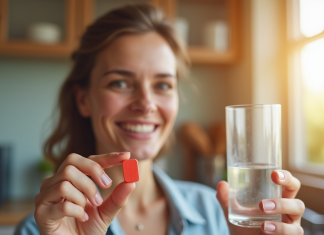 Comment la vitamine B12 peut booster votre énergie instantanément Adulte souriant tenant une vitamine B12 rouge dans une cuisine lumineuse