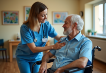 Devenir aide-soignante sans diplôme : conditions et possibilités Femme aidant un homme age en fauteuil dans un centre de soins