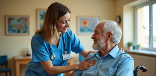 Femme aidant un homme age en fauteuil dans un centre de soins