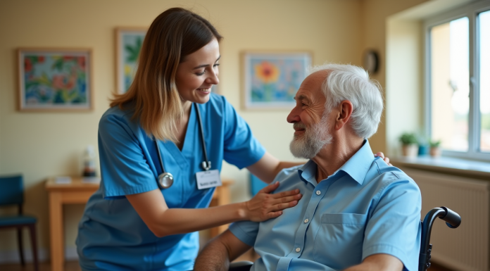 Femme aidant un homme age en fauteuil dans un centre de soins