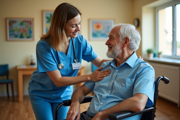 aide-personne-agee-soins Femme aidant un homme age en fauteuil dans un centre de soins