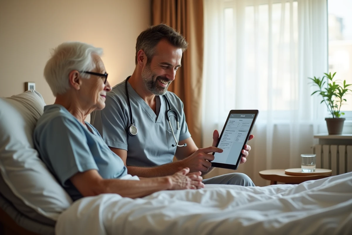 Aide-soignant utilisant une tablette avec le logiciel de soins 2026 auprès d'un résident en EHPAD