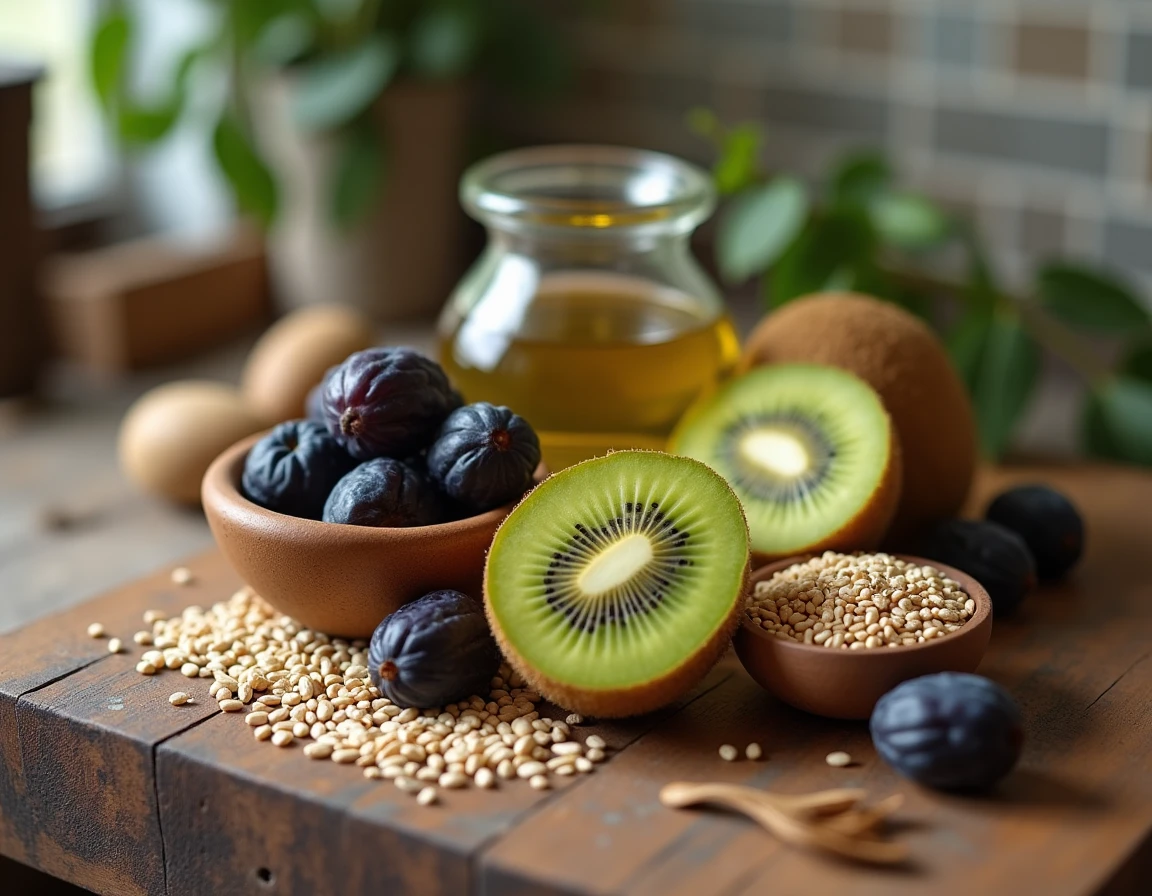 Aliments naturels recommandés contre la constipation comme les pruneaux, graines de lin et huile d'olive