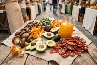 Étalage de marché avec champignons, avocats et jus d'orange enrichis en vitamine D sur une table en bois rustique
