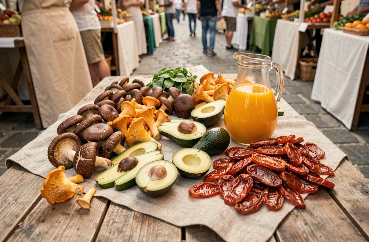 Étalage de marché avec champignons, avocats et jus d'orange enrichis en vitamine D sur une table en bois rustique