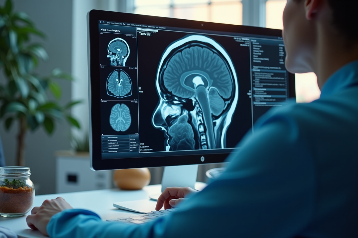 Médecin analysant une IRM du cerveau sur un écran lumineux