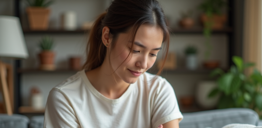 Jeune femme appliquant une creme sur sa peau irritée