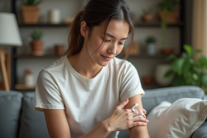 Jeune femme appliquant une creme sur sa peau irritée
