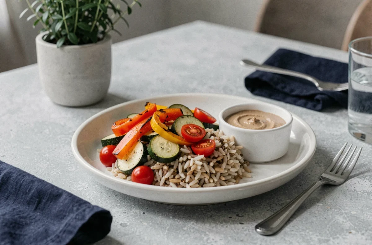 Assiette équilibrée avec du riz complet, légumes rôtis colorés et sauce tahini sur une table épurée