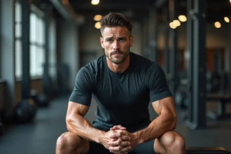 Athlète masculin épuisé assis sur un banc de gym après un entraînement intense, illustrant la fatigue musculaire post-effort