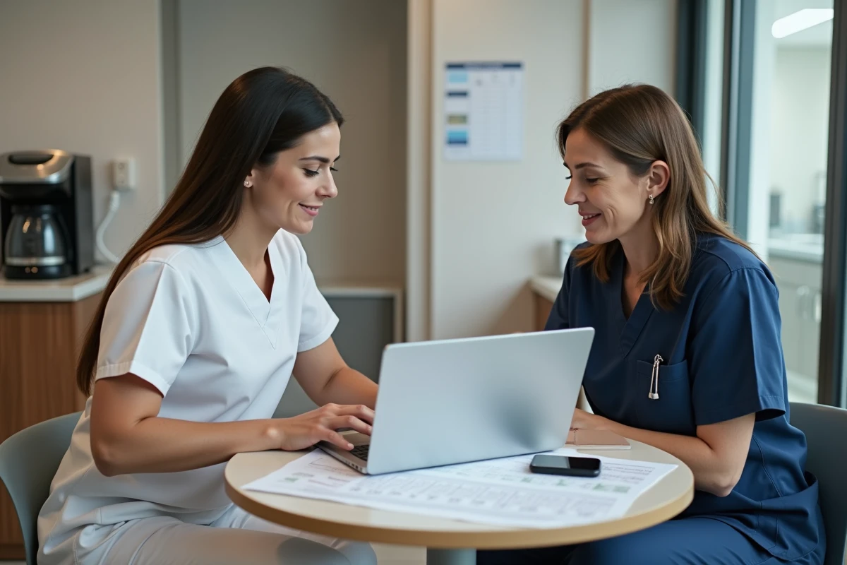 Deux professionnelles de la santé animale étudiant ensemble une grille de salaires pour préparer une négociation en clinique vétérinaire