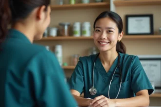 Auxiliaire vétérinaire en tenue professionnelle négociant son salaire avec un responsable de clinique dans un bureau vétérinaire
