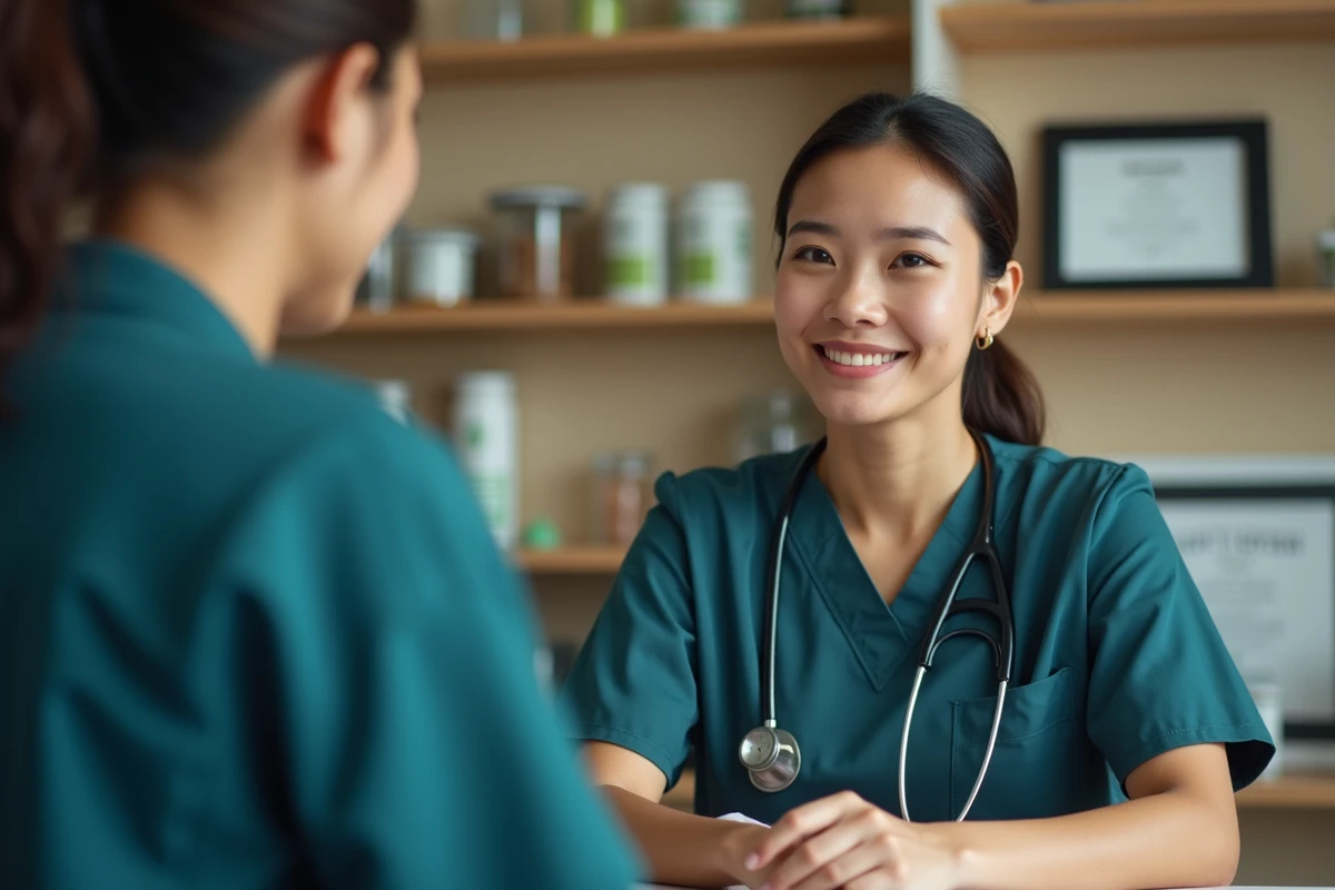 Auxiliaire vétérinaire en tenue professionnelle négociant son salaire avec un responsable de clinique dans un bureau vétérinaire