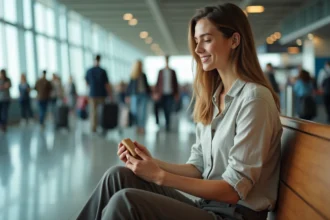 Voyageuse qui déballe une barre nutritionnelle dans un aéroport moderne, solution nutrition pratique pour voyager léger