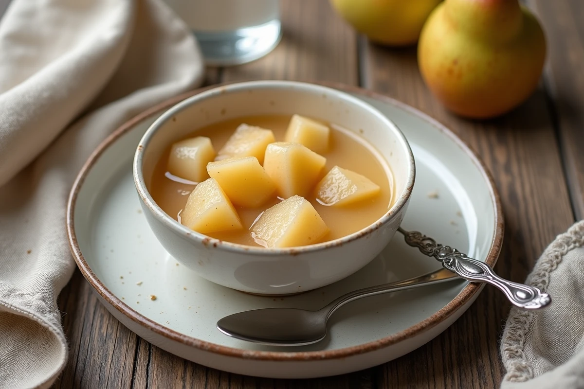 Bol de compote de pommes et poires maison sur table en bois pour aider contre la constipation