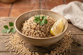 Bol de riz complet cuit servi avec du persil frais et un quartier de citron sur une table en bois rustique