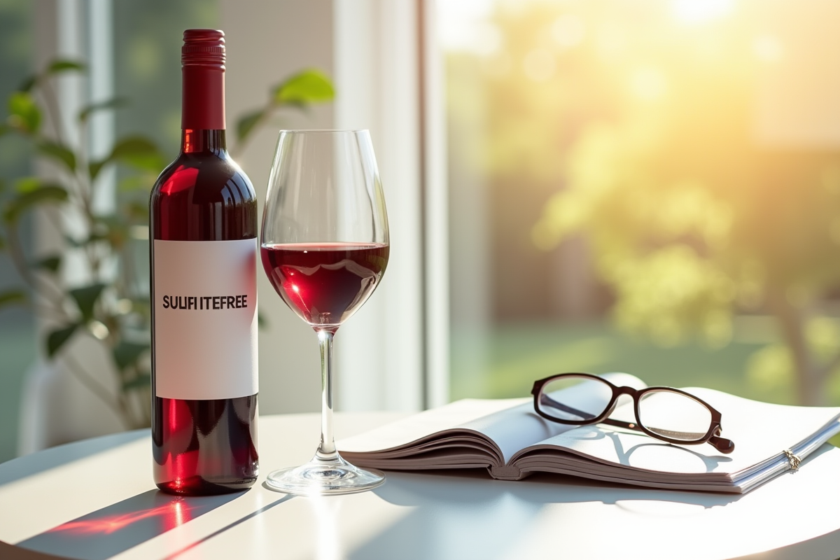 Bouteille de vin sans sulfite avec verre de vin rouge et magazine