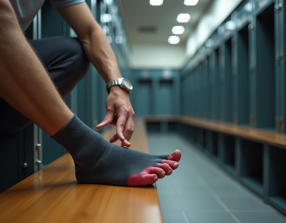 Homme âgé avec un orteil rouge et gonflé symptôme de bursite assis dans un vestiaire sportif