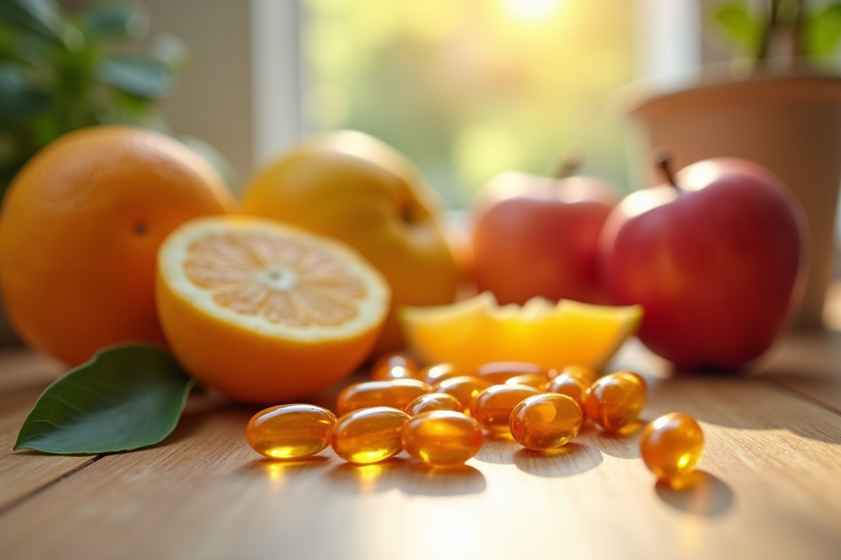 Capsules de vitamine B12 et fruits frais sur une table en bois