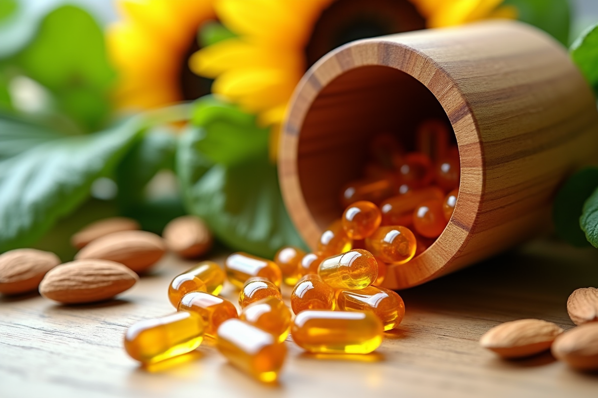 Capsules de vitamine E avec noix et légumes verts
