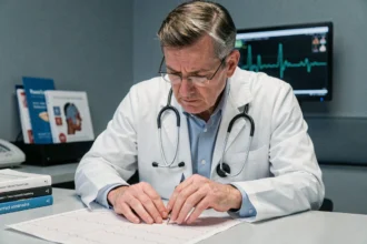 Cardiologue analysant un tracé ECG papier pour détecter des signes d'hypokaliémie sur son bureau hospitalier