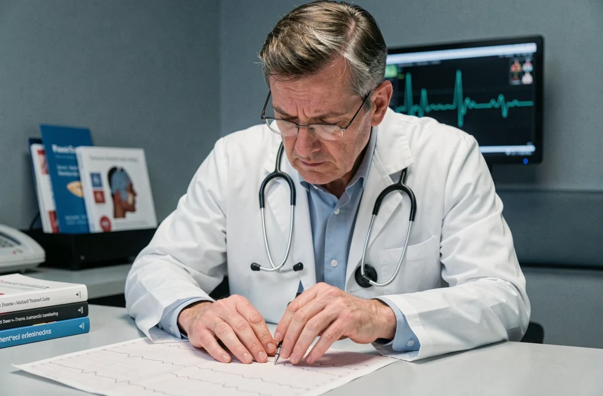 Cardiologue analysant un tracé ECG papier pour détecter des signes d'hypokaliémie sur son bureau hospitalier