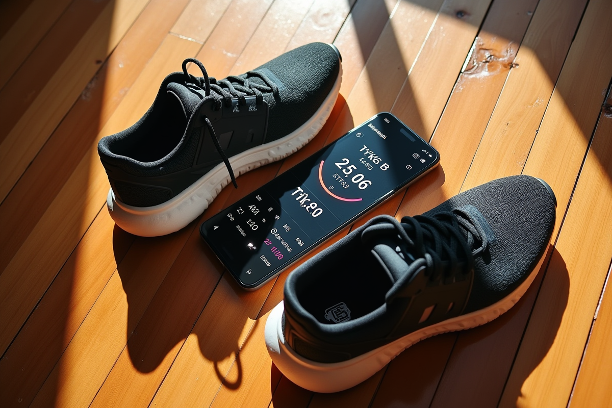Chaussures de course et smartphone affichant 25000 pas sur un sol en bois