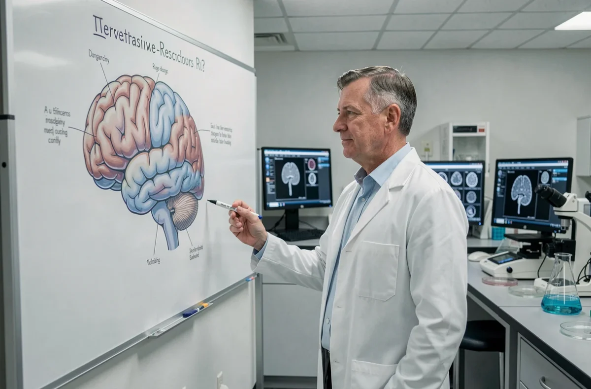Chercheur en neurosciences observant un schéma du cerveau humain dans un laboratoire moderne, en lien avec l'étude de l'hippocampe