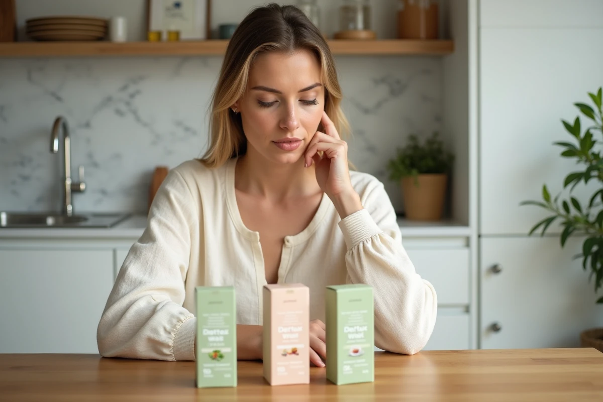 Femme comparant plusieurs boîtes de thés détox dont le Lulutox Tea sur une table en bois dans une cuisine moderne