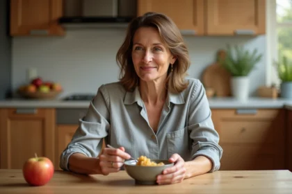Femme mangeant de la compote de pommes maison le matin pour favoriser le transit intestinal
