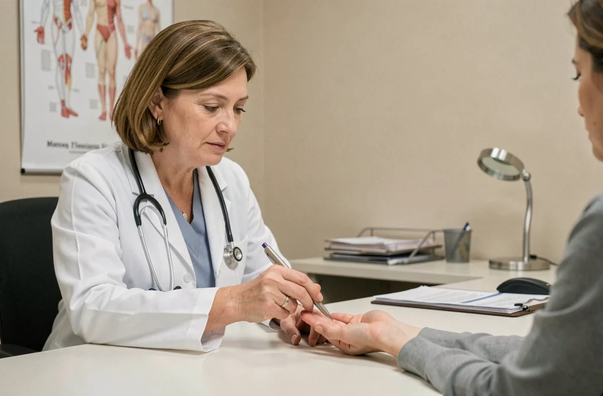 Dermatologue en consultation examinant l'ongle d'une patiente et expliquant les signes d'une atteinte matricielle après manucure