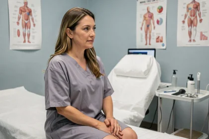 Femme en consultation gynécologique assise sur une table d'examen, écoutant attentivement son médecin dans un cabinet moderne