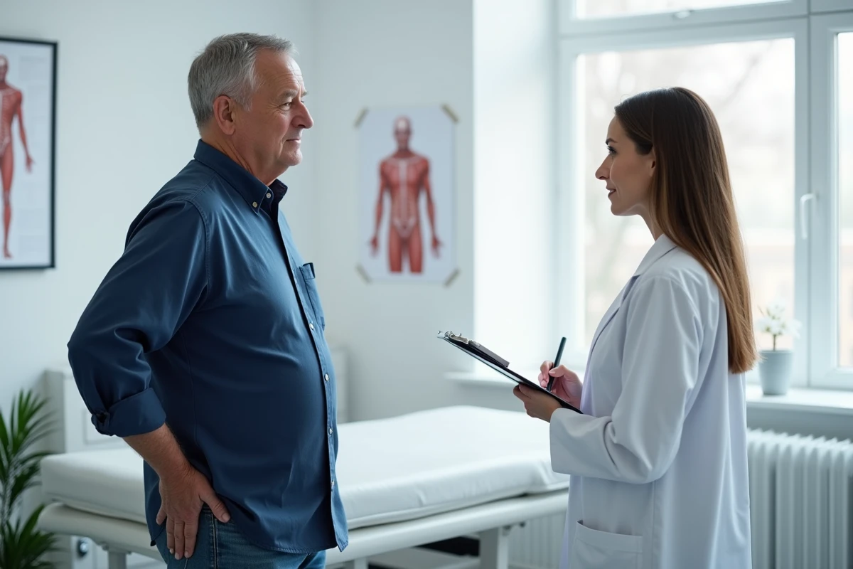 Patient adulte montrant une douleur dans le haut du dos gauche à une médecin lors d'une consultation médicale