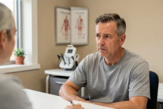 Homme d'âge moyen en consultation médicale pour un examen buccal lié au tabac et à l'alcool