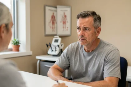 Homme d'âge moyen en consultation médicale pour un examen buccal lié au tabac et à l'alcool