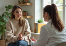 Prix consultation nutritionniste : combien coûte une séance ? Femme en consultation avec un diététicien dans un bureau moderne