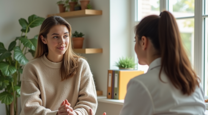 Prix consultation nutritionniste : combien coûte une séance ? Femme en consultation avec un diététicien dans un bureau moderne