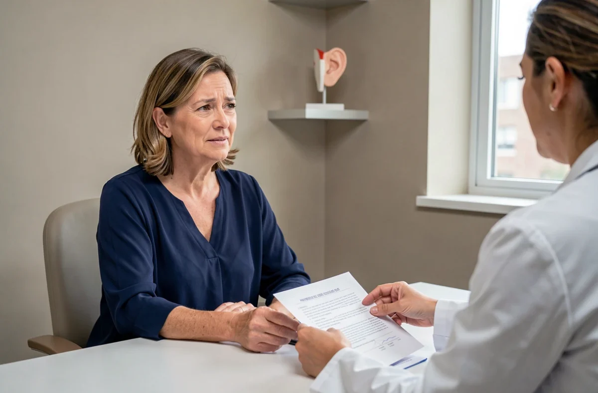 Femme en consultation médicale avec un spécialiste ORL pour la maladie de Ménière