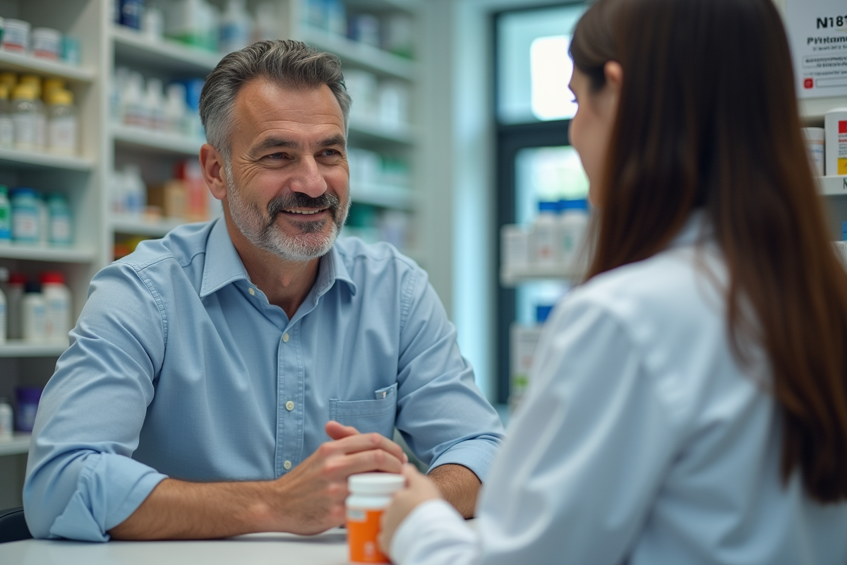 Homme discutant avec un pharmacien dans une pharmacie