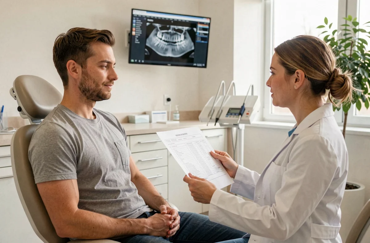 Patient en consultation dentaire discutant du nombre de séances pour une dévitalisation avec son dentiste
