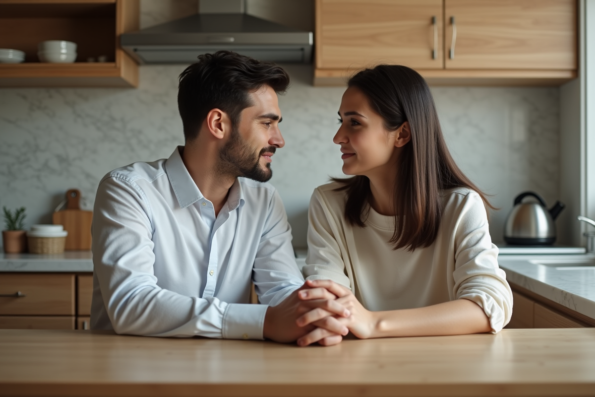 Jeune couple discutant dans la cuisine chaleureuse
