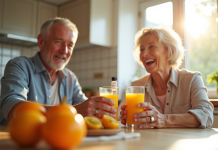 Couple senior souriant avec jus d'orange et vitamine C