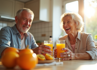 Les bénéfices de la vitamine C liposomale pour le système immunitaire des seniors Couple senior souriant avec jus d'orange et vitamine C