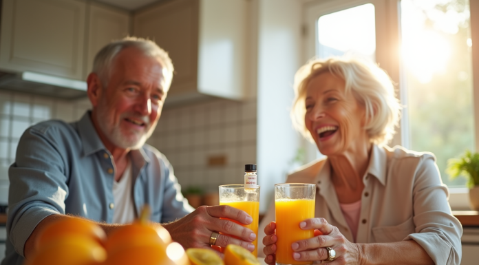 Couple senior souriant avec jus d'orange et vitamine C