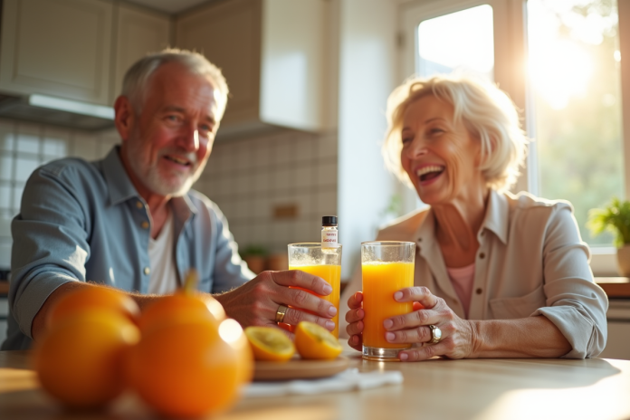 Couple senior souriant avec jus d'orange et vitamine C
